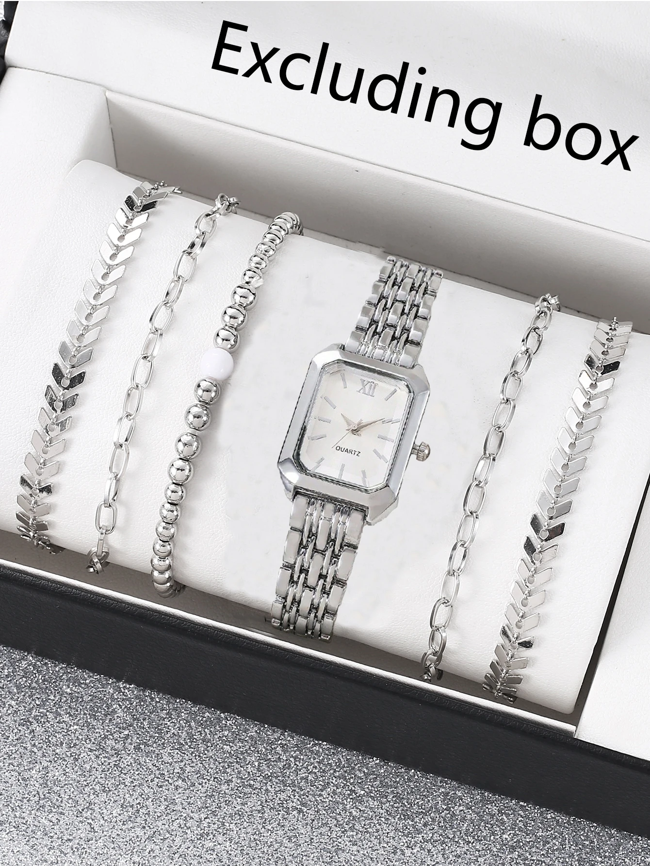 

1 шт. модные и элегантные кварцевые часы со стальной полосой, квадратные модные часы и комплект украшений из пшеничных ушей из 5 шт.