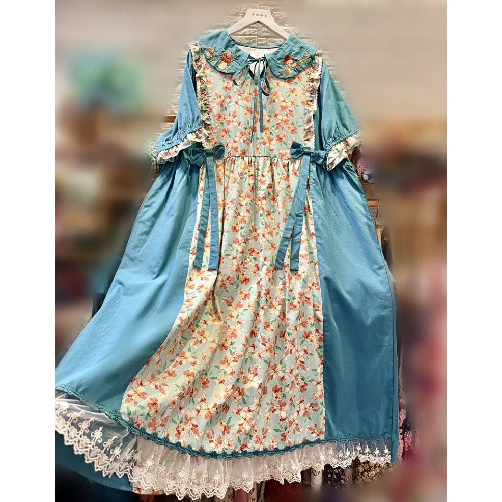 

Female Japanese Style Mori Girl Cotton Kawaii Lace Bow Long Midi Dress 2024 Cottagecore Patchwork Casual Tea Length Tunic Dress