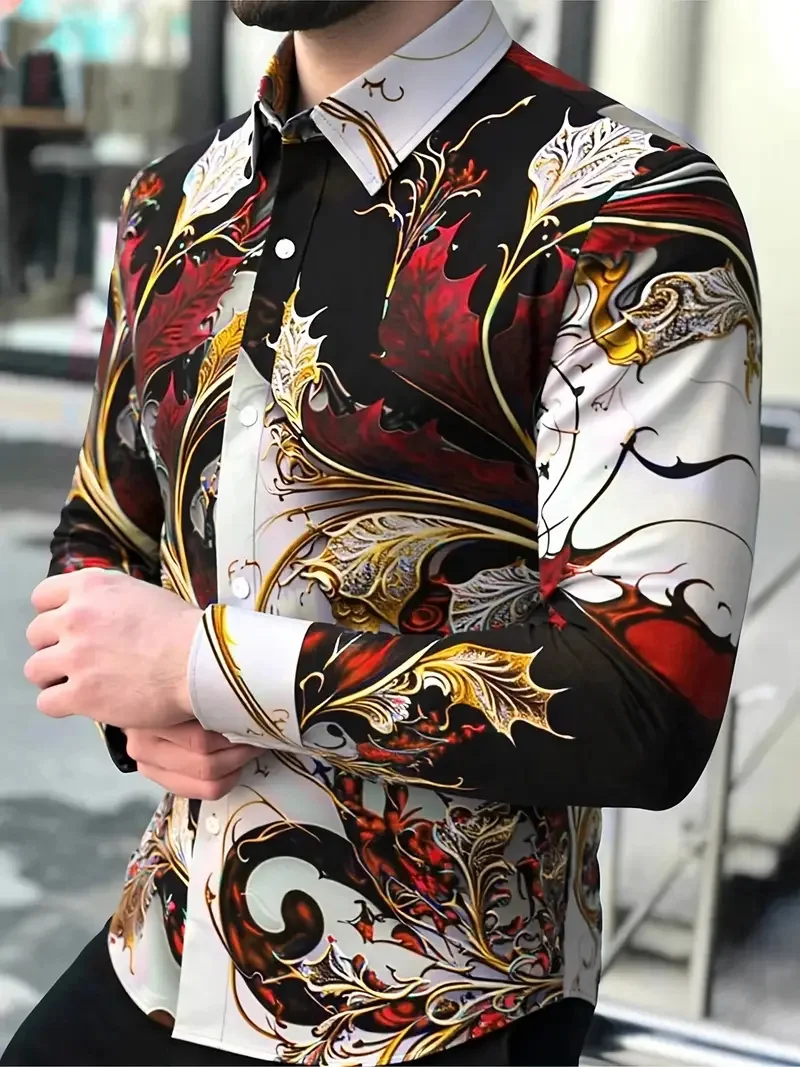 

New men's geometric deer pattern casual long sleeved button up shirt with collar and long sleeved shirt top