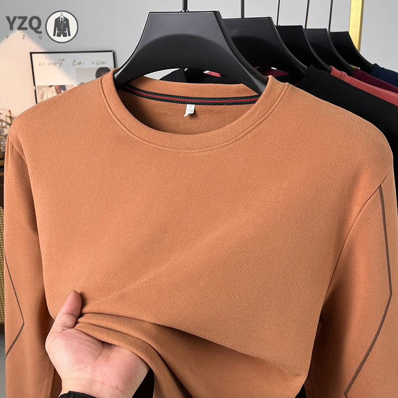 Mens Autumn Crew Neck Thermal Sweatshirt Elastic Fabric Stitch Decor Sleeves Lightweight Daily Leisure Outfit