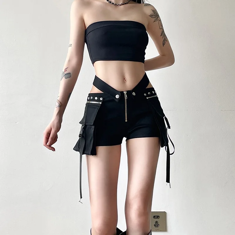 Goth Dark Streetwear Hot Pants Y2K Fashion Big Pockets Low Waist Shorts Women Alt Bottoms Mall Gothic Slim Short Pants Punk Pant