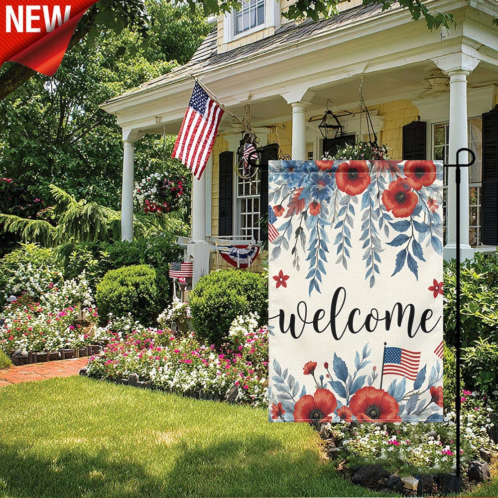 

1PC, Patriotic Floral Welcome Garden Flag Red Poppy Blue Leaf American Flag Decorative Outdoor Yard Banner