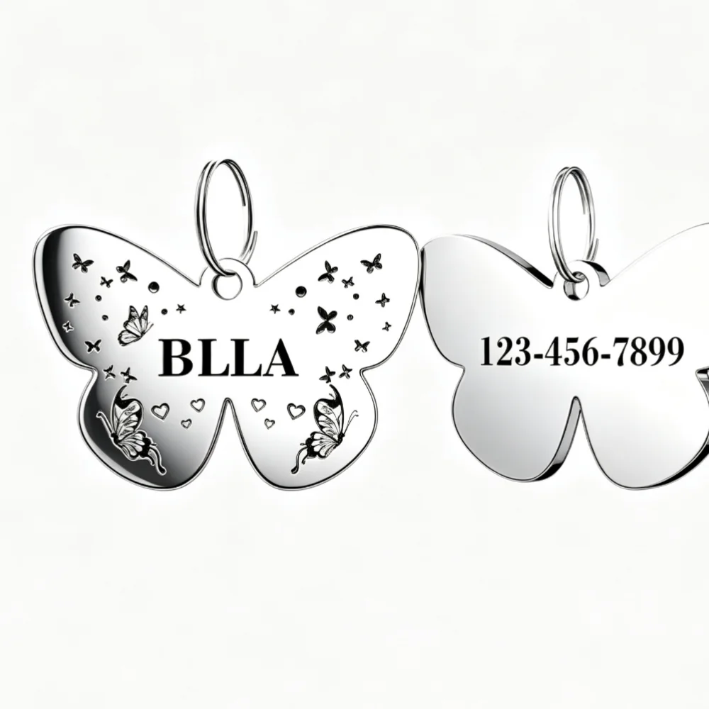 Custom butterfly stainless steel pet tag, double-sided engraved name & number, delicate anti-lost collar tag for pets.