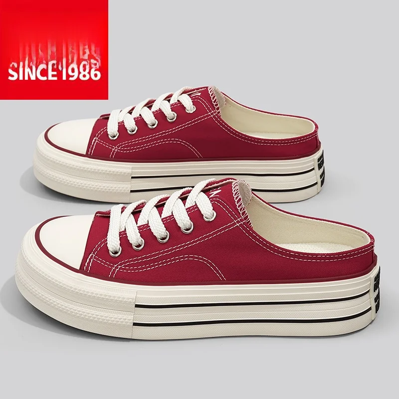 Red Canvas Slip-On Thick Heel Women's Sandals Breathable round Toe Casual Slip-On Rubber Bottom Comfortable Spring Summer Shoes