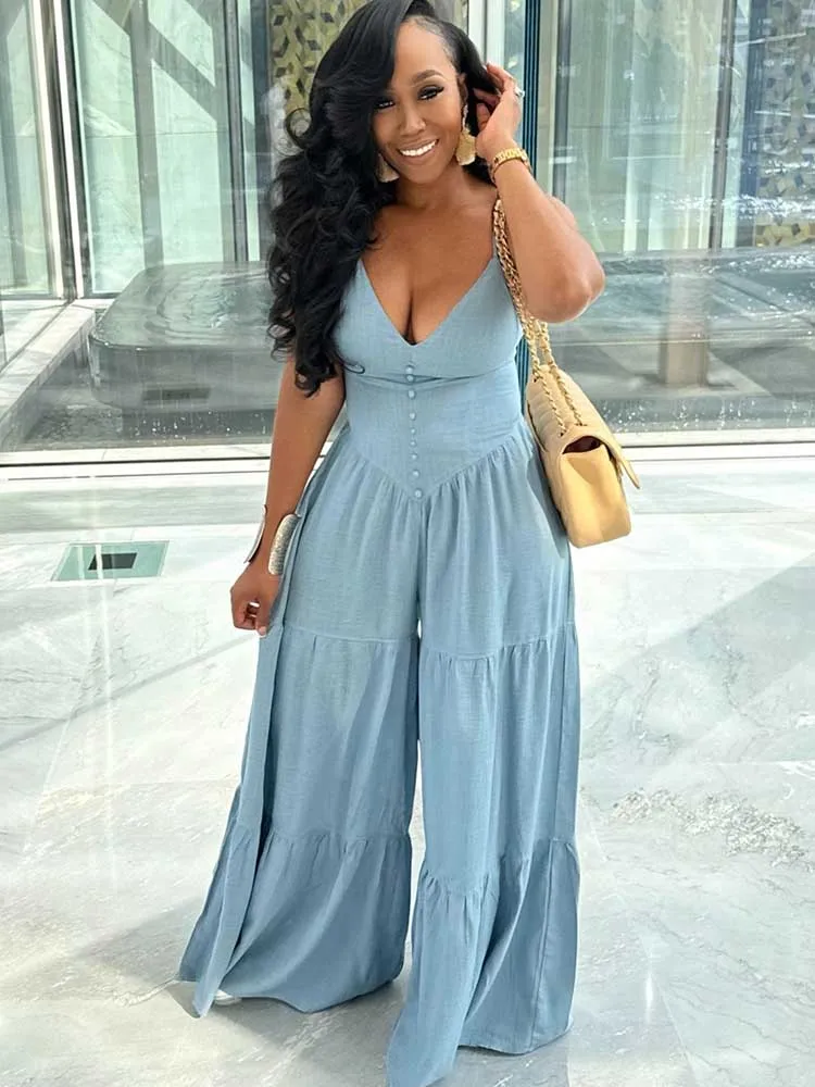 

Jumpsuits for Woman Casual Summer V Neck Blue Jumpsuits Woman Elegant High Waist Loose Jumpsuit Backless Wholesale Dropshipping