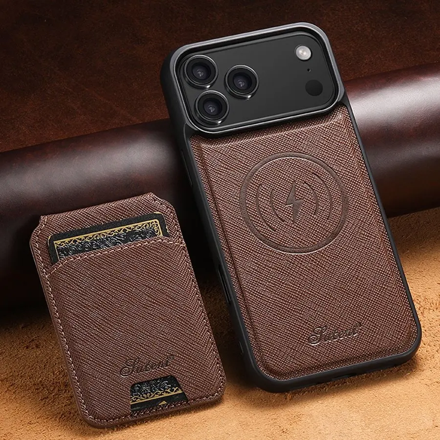 

Кожаный чехол-бумажник с магнитным креплением и беспроводной зарядкой для iPhone 17 13 12 14 15 16 Pro Max Plus