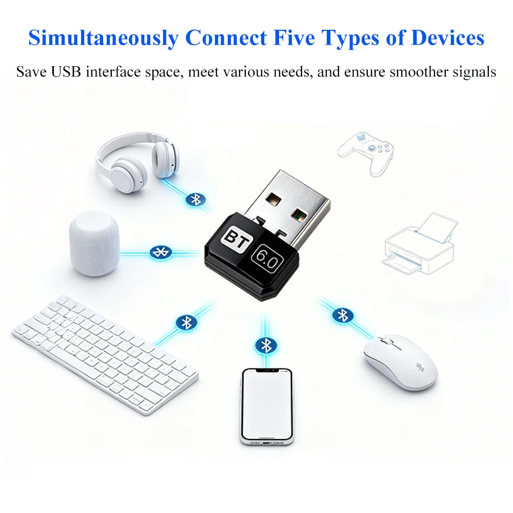KEBIDU Bluetooth 6.0 USB Dongle Adapter For Laptop Free Driver Wireless Receiver Transmitter Bluetooth Adapter For Win 8.1/10/11