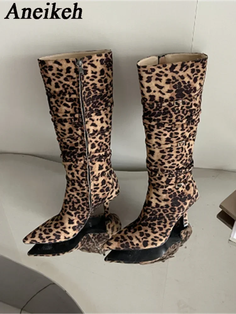 Aneikeh Quality Pointed High Cut Leopard Print Side Zipper High-heeled Women\'s Boots Straight Tube Knee High Long Boots Autumn