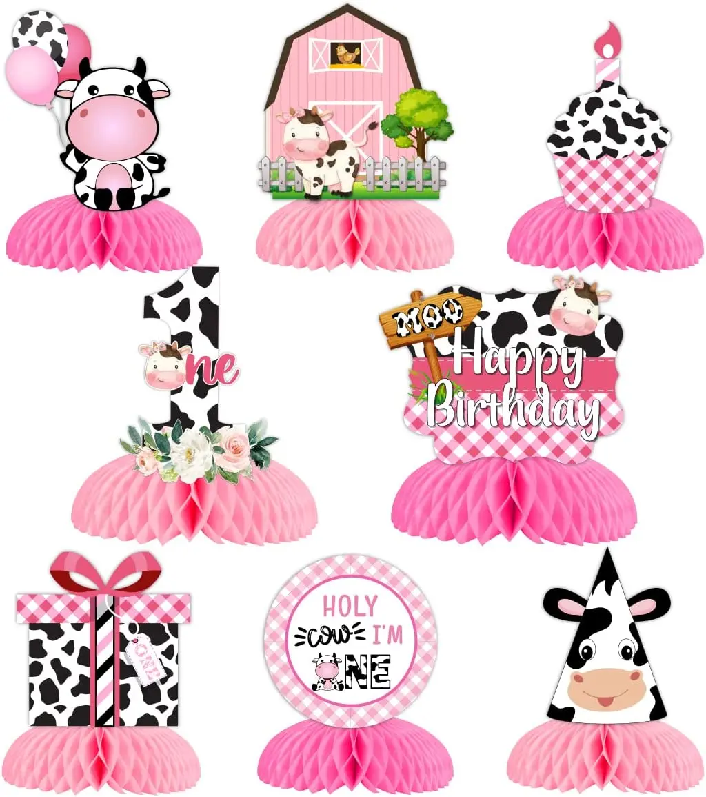 

Fangleland 8Pcs Cow Print Honeycomb Centerpieces Holy Cow I'm One Pink Farm Animal 3D Table Decorations for One Year Old Girls