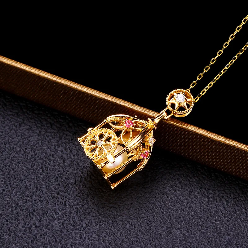 LAMOON Natural Freshwater Pearl Necklace For Women Vintage Hollow Cage Star Pendant S925 Silver K Gold Plated Brithday Gift