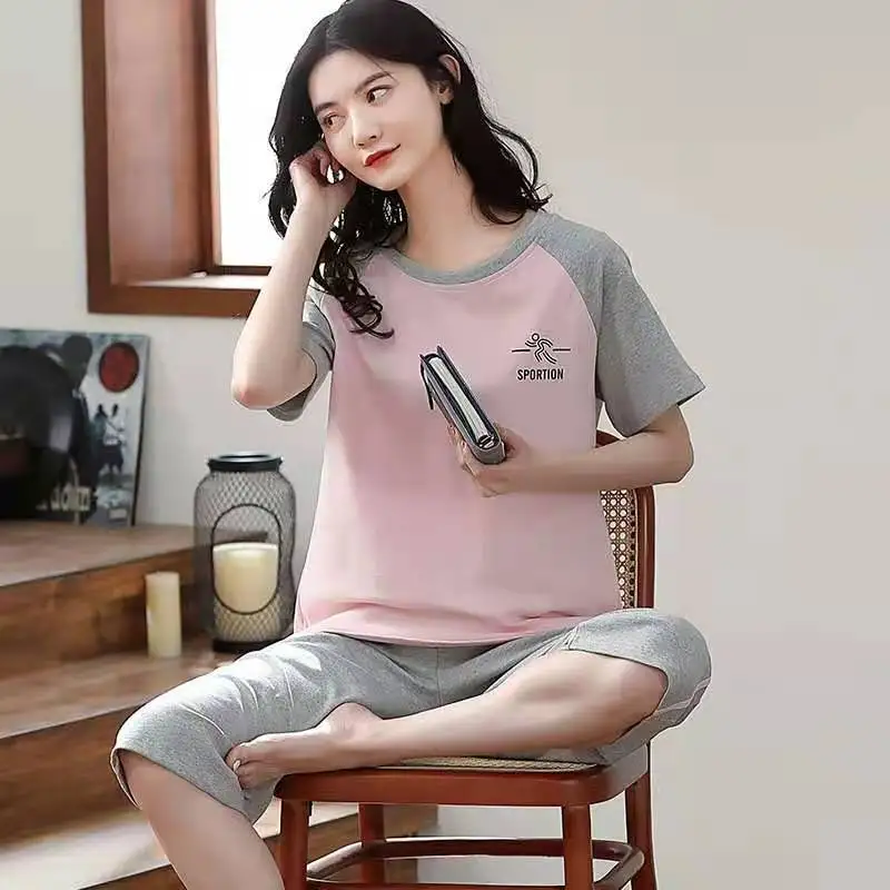 Summer Ladies Pajamas Loungewear Set Women\'s Summer Short Sleeve Cropped Pants Loungewear Thin Korean Casual Two-Piece Set