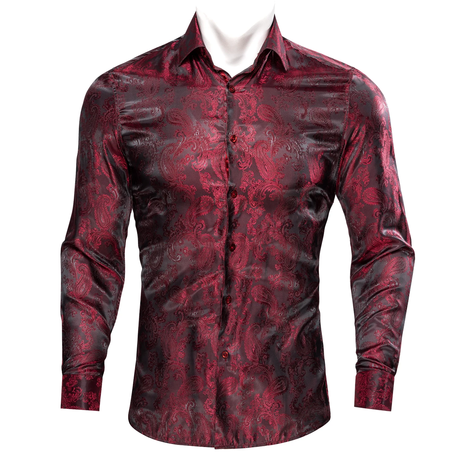 

Barry.Wang Luxury Red Paisley Silk Shirts Men Long Sleeve Casual Flower Shirts For Men Designer Fit Dress Shirt BY-0081