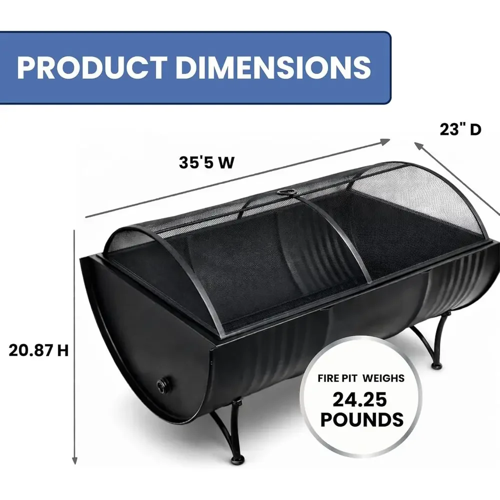 35 Oval Wood-Burning Fire Pit - Black Steel Patio Heater with Safety Spark Screen, Easy Clean, Elevated Grate, PVC Cover