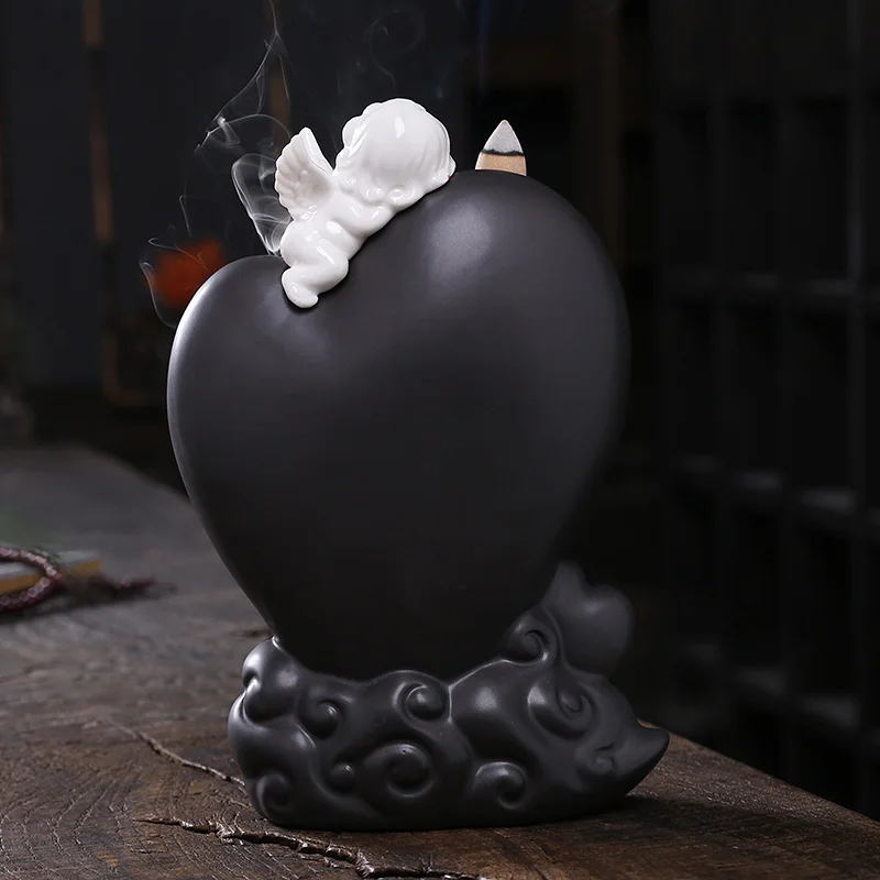 Gift Loving Heart Angel Home Office Decor Ceramic Artwork Backflow Incense Handicraft Stick Holder