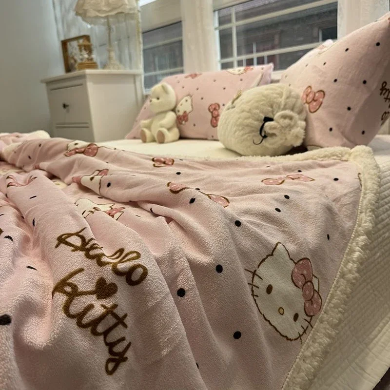 Sanrio Hello Kittys Pink Bow Lamb Velvet Blanket Winter Thickened Warm Milk Coral Velvet Blanket Quilt Cover Sofa Office Blanket