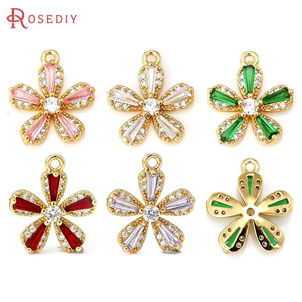2PCS 18K Gold Color Brass and Zircon Flower Charms Pendants High Quality Diy Necklace Earrings Charms Jewelry Making Accessories