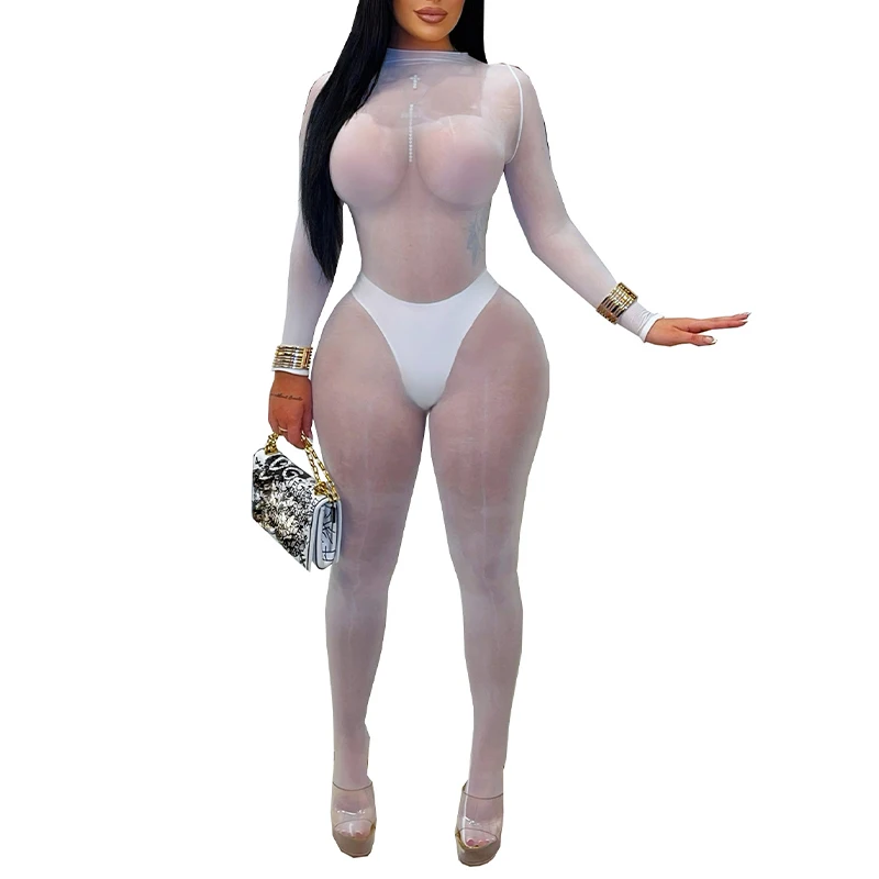Combinaison moulante transparente à manches longues pour femme OMSJ, tenue de soirée sexy, combinaison de club de nuit attrayante
