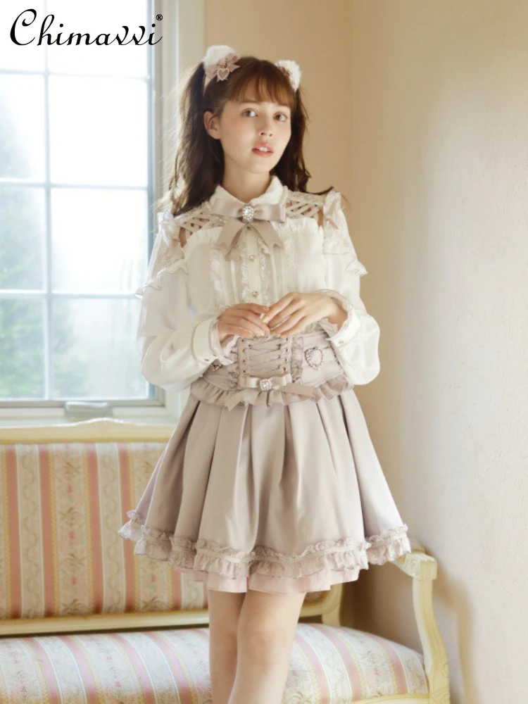 Sweet Cute Bow Japanese Style Detachable Suspender Skirt Lolita Slim Fit Suspender Skirt 2023 Spring and Autumn Suspender Skirts