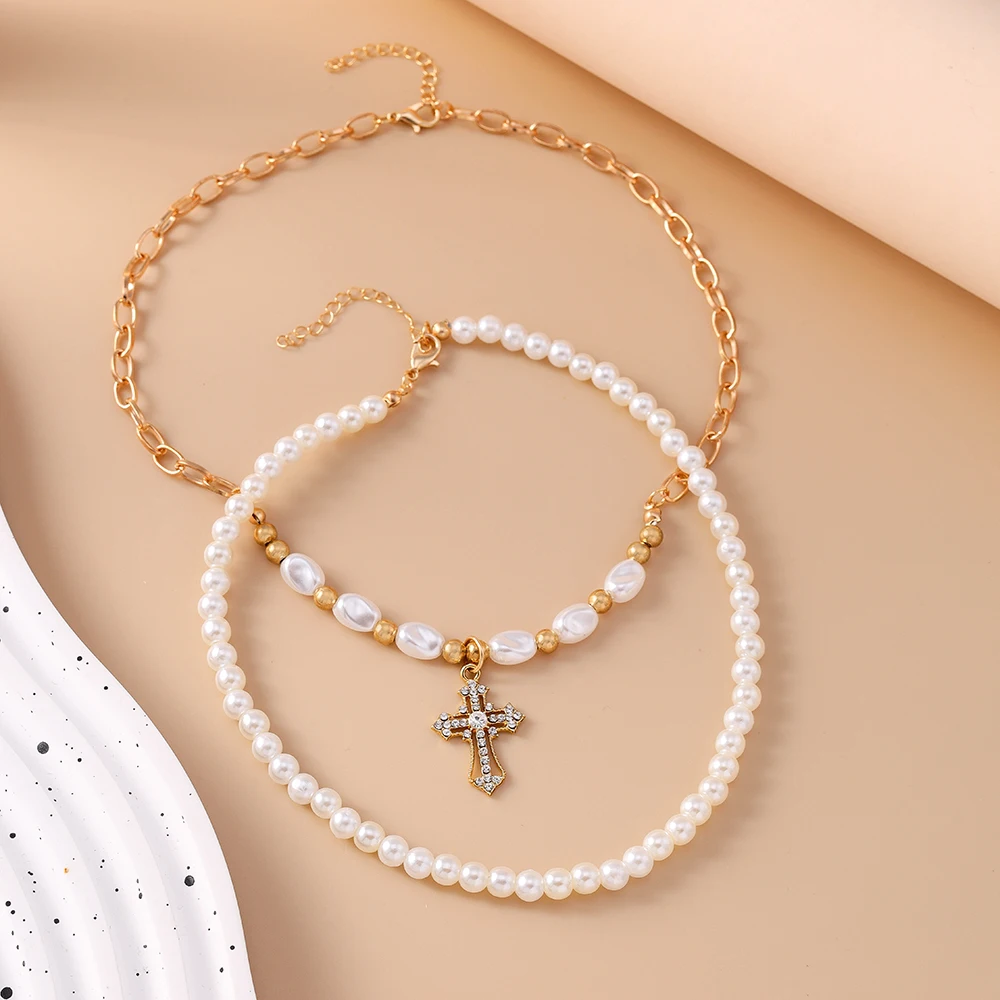Aihua Y2K Damen Perlen-Zirkon-Kreuz-Anhänger Halskette für Damen Mädchen Mode Party Trendiger Schmuck Geschenke – Detail 5