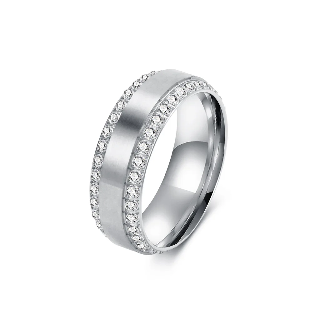 Luxury Double Row Full Cubic Zirconia Rings For Women Accessories Fashion Statement Band Wholesale Stainless Steel Men Jewelry