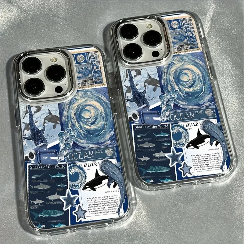 A Marine Whale Puzzle Transparent Electroplated Frame Phone Case, Suitable for iPhone 17/16 Pro Max/15/14 Plus/13/12/11, Shock-Absorbing, Non-Slip, Lightweight, Stylish and Trendy Design, Unisex.
