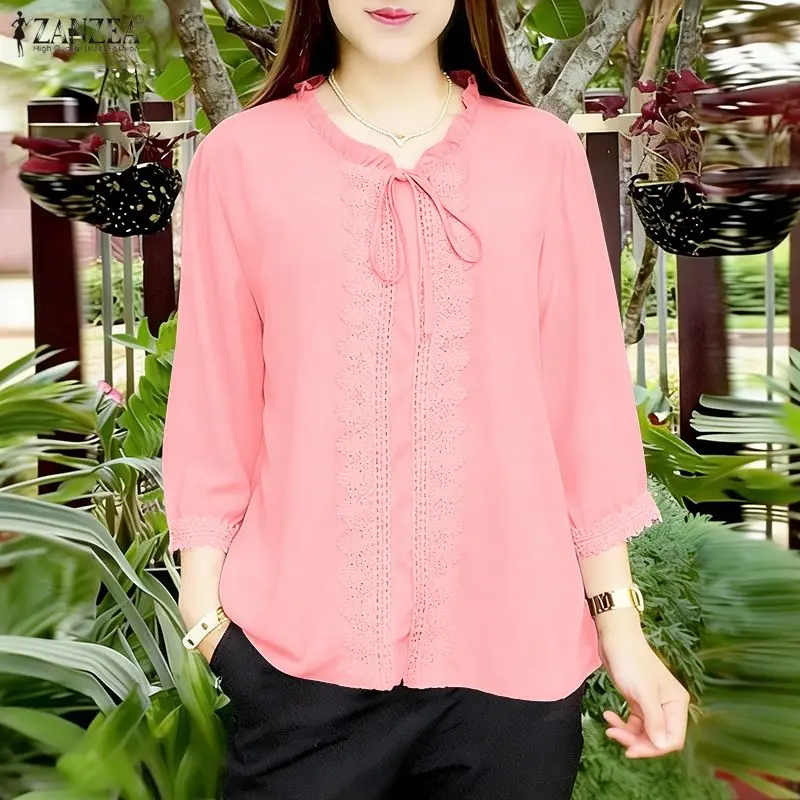 

ZANZEA Woman Casual Lace Paneled Blouses Ruffled Trim Lace-Up O-Neck 3/4 Sleeves Solid Color Tops Summer Elegant Blusas de Mujer