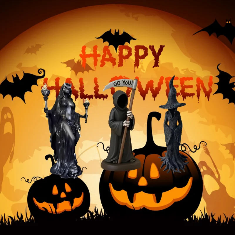 

Halloween Sickle Death God Statue Resin Witch Figure Desktop Ornaments Home Holiday Party Grim Reaper Decoration Gifts