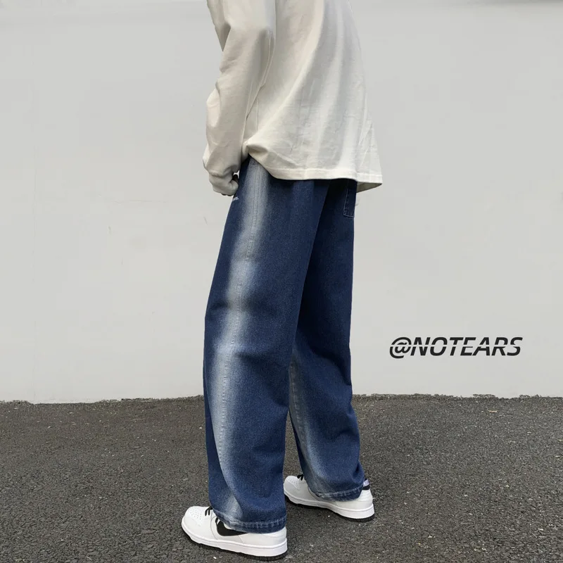 Side Spray Wash Old Wide Leg Jeans 2022 Spring New Men's Lace Up Jeans Men's Ins Port Style Loose Straight Jeans