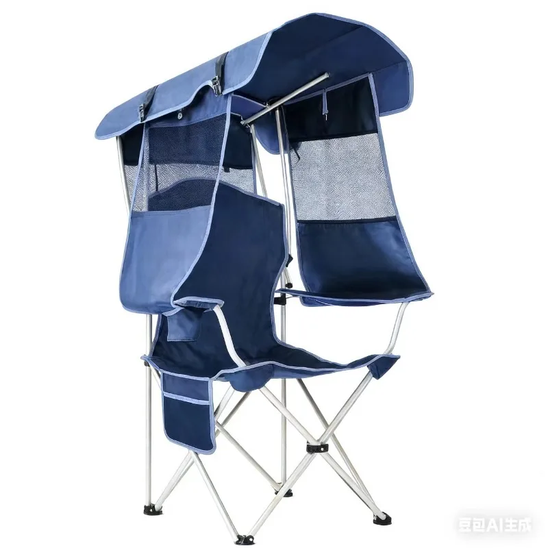 Portable Foldable Camping Chair with Sun & Rain Canopy Armrest Backrest Outdoor Leisure Seat for Fishing BBQ Beach Picnic Hiking