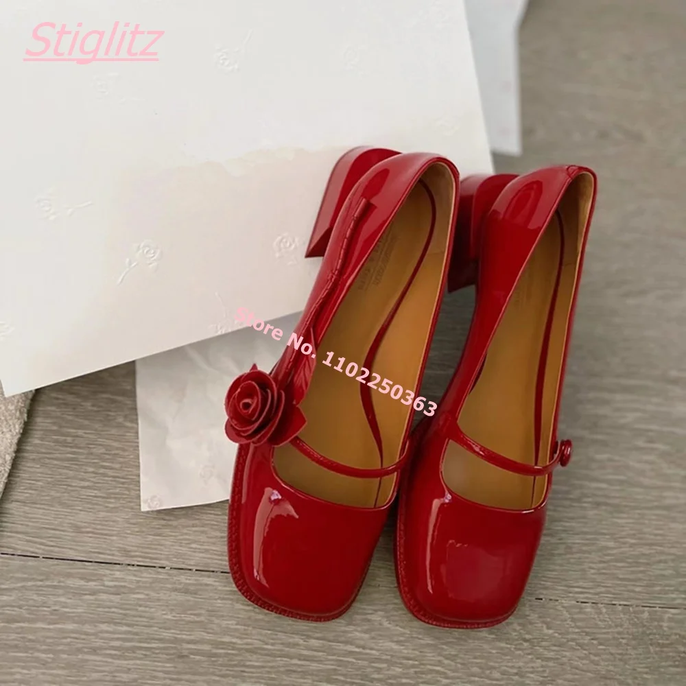 

Autumn New Women Pumps Luxury Design Round Toe Square High Heel Sweet Leather Solid Retro Flower Shallow Dress Mary Jane Shoes