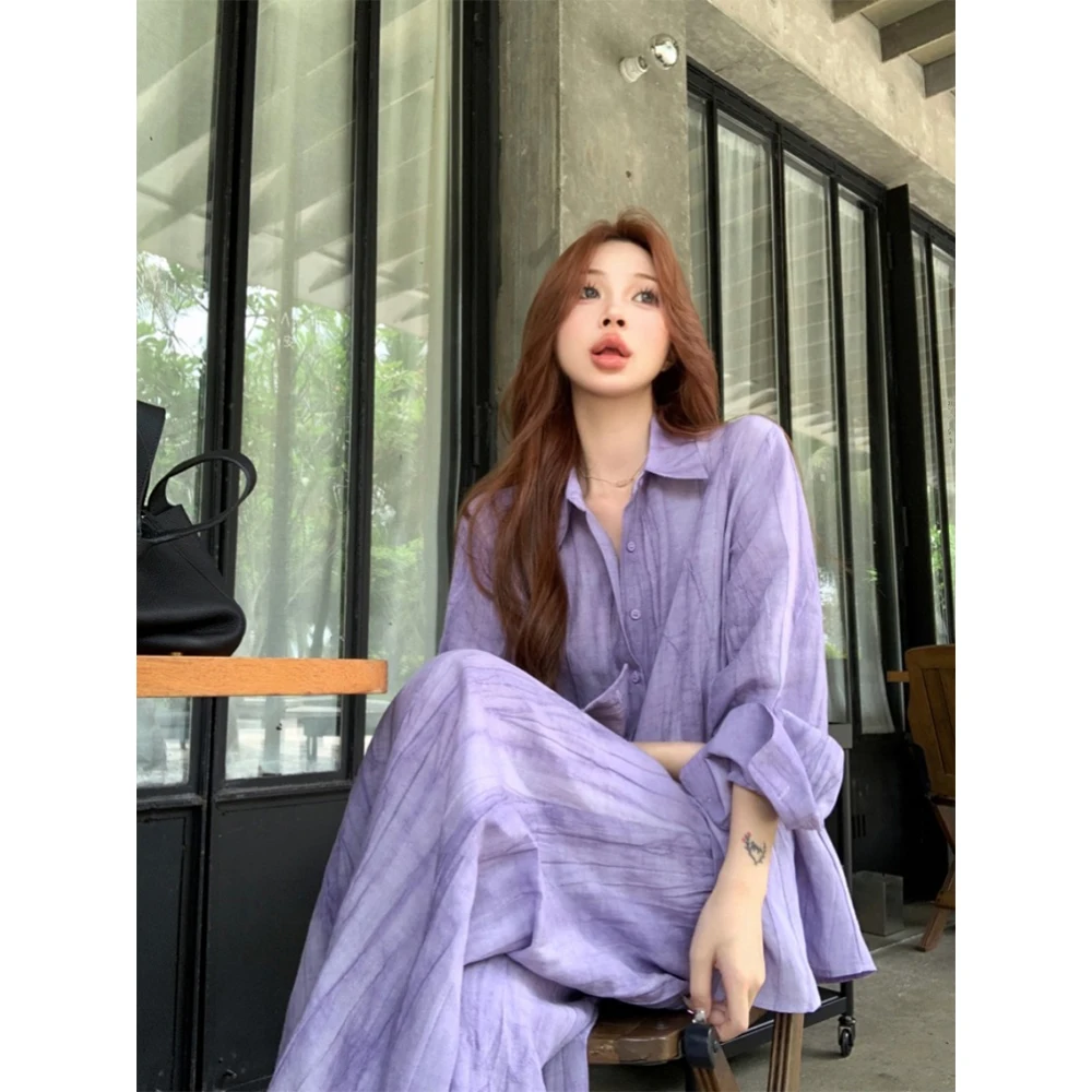 Fashion Purple Sets Women Turn Down Collar Long Sleeve One Breasted Loose Blouses&High Waist Wide Leg Pants Female Leisure Suits