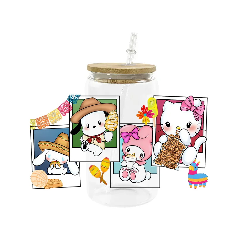 Miniso Personalize Hello kitty Friends Print UV DTF Sticker For 16oz Cups Can Wrap Custom Labels DIY Logo Selfadhesive