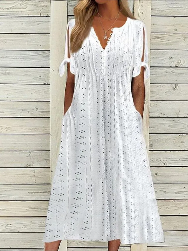 Verão cor sólida manga curta vestidos femininos moda sexy oco decote em v renda plissado casual simples feminino praia férias vestido