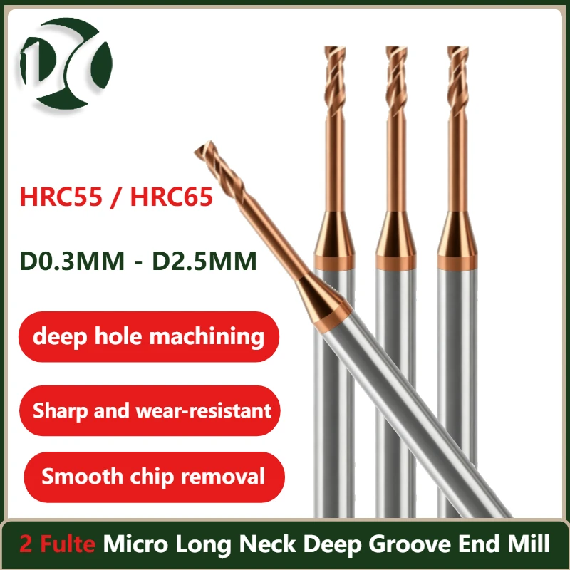 HRC55 HRC65 2 Flute Micro End Mill 0.3mm Deep Groove Long Neck CNC Wood Milling Cutter Tool