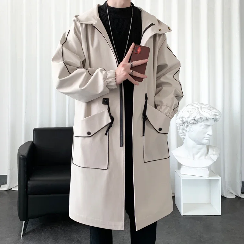 Trench coat masculino meados de comprimento primavera mais tamanho roupas masculinas novas primavera e outono sênior longo casaco casual masculino