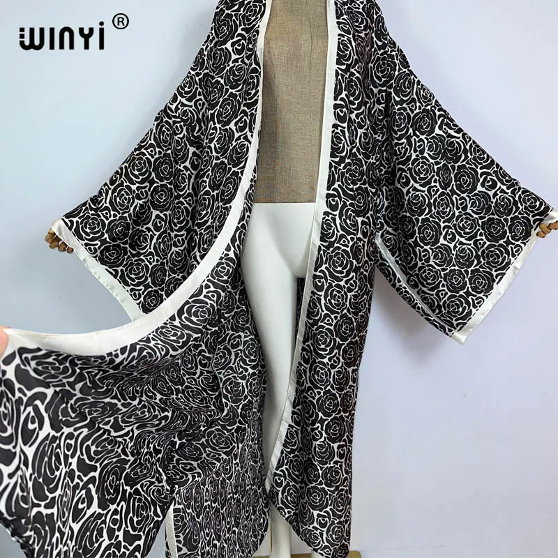 WINYI 2023 new summer beach cover up Retro printing boho Cardigan sexy Maxi Holiday long Sleeve KIMONO Africa silk feeling dress