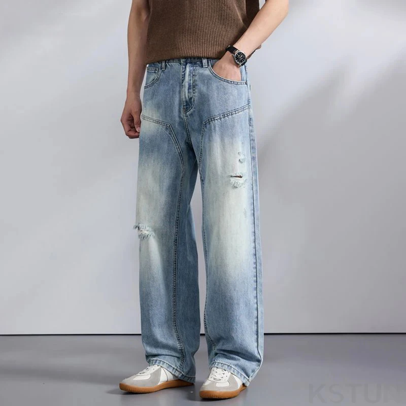 

Summer Ripped Jeans Men Hip Hop Light Blue Distressed Wide-leg Pants Baggy Jeans Loose Patched Vintage Hollow Out Trousers
