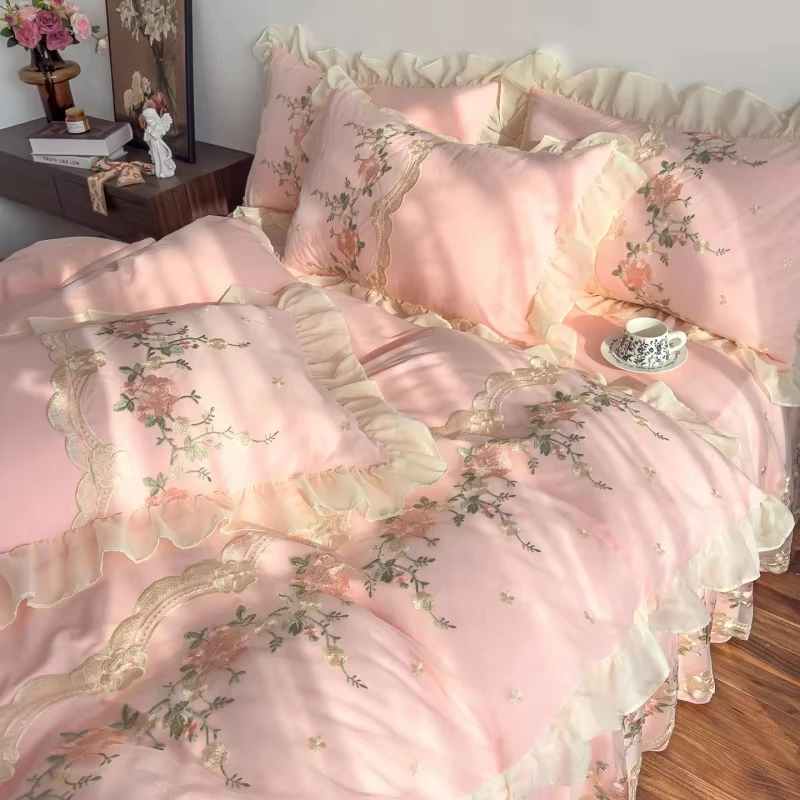 Princess Ruffle 3Pcs Bedding Set 1Duvet Cover 2Pillowcases, No Insert, Floral Lace Embroidery, Soft Microfiber Single/Double/