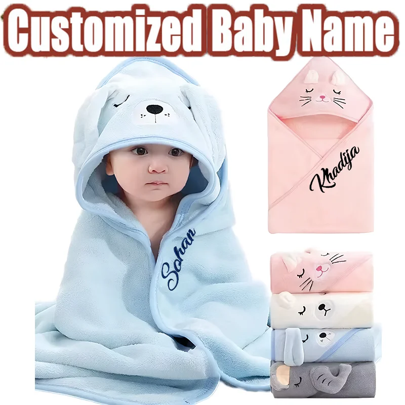 Customizable Baby Name Cartoon Animal Hooded Bath Towel Coral Fleece Toddler Bathrobe Swaddle Wrap for Boys & Girls Newborn Gift