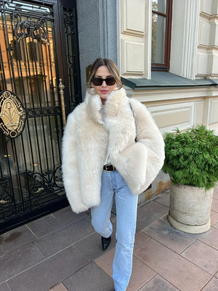 Solid Color Half High Collar Faux Fur Coat Chic Loose Long Sleeve Women's Jackets Female Luxury Thick Lady High Street Outerwear