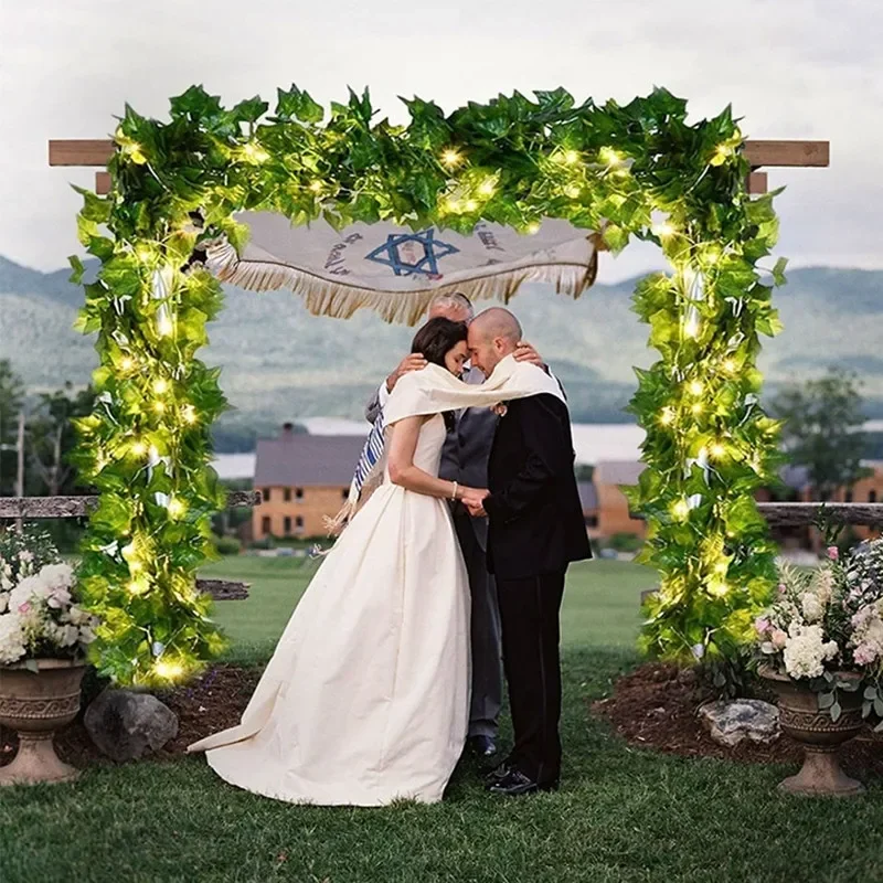Soie fausse feuille verte lierre vigne avec LED lumières chaîne pour la maison chambre décor mariage brillant plante artificielle guirlande décoration