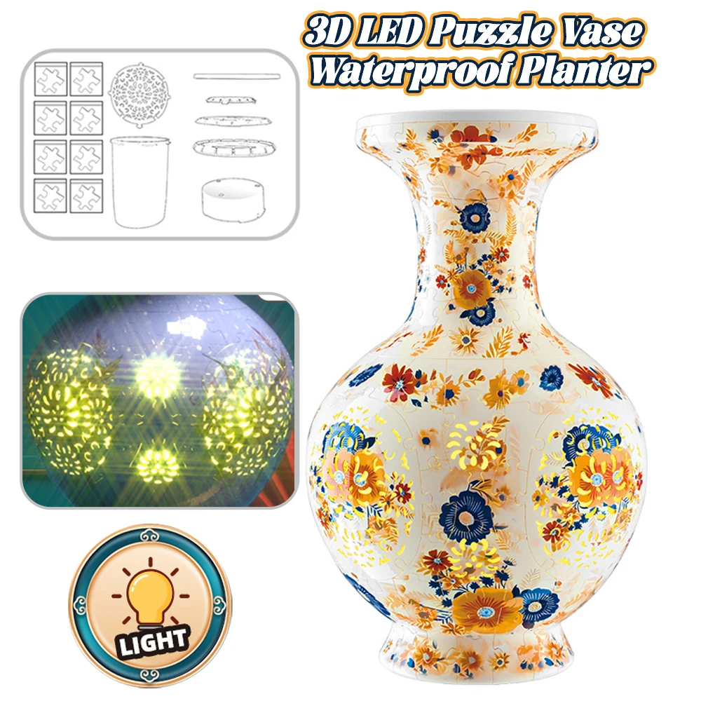 

3D Puzzle Vase Led Fretwork Waterproof Flower Bouquet Planter Jigsaw Toy Building Block Assembly Bottle Housewarming Decor Gift