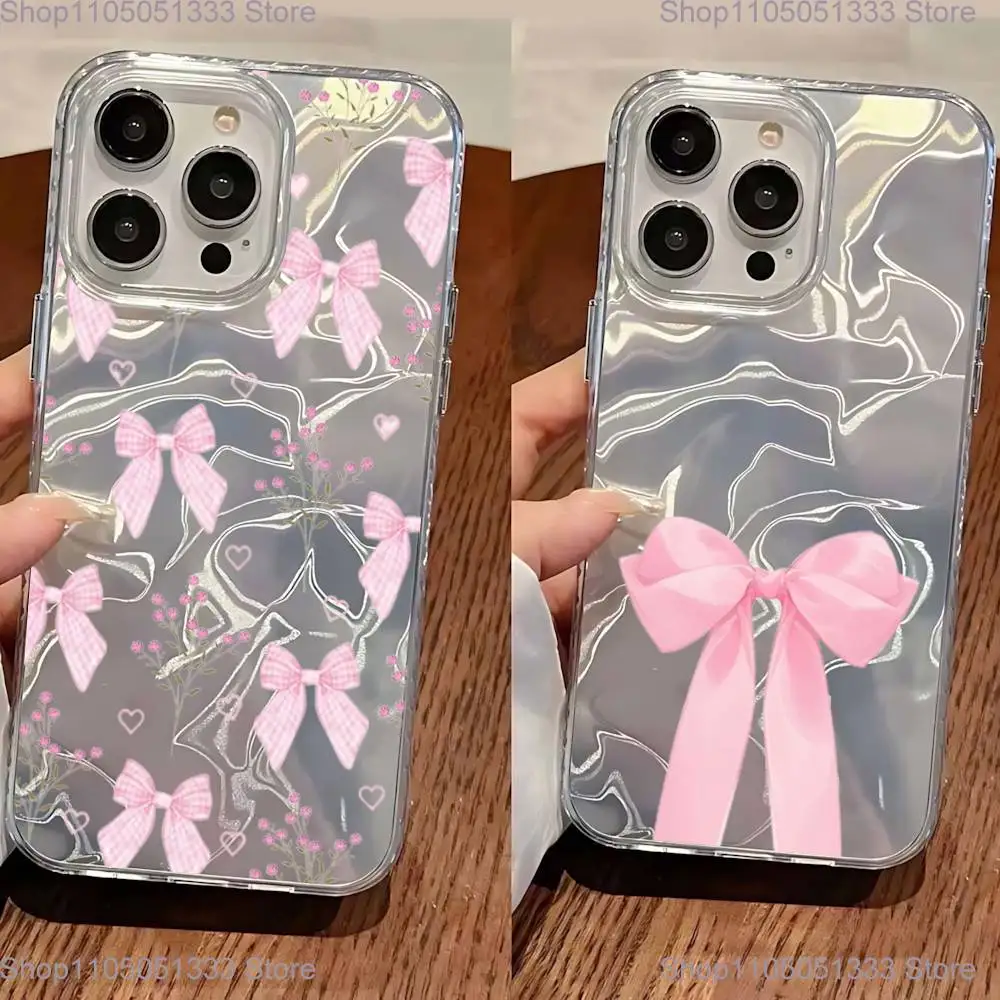 

Cute Pink Bow Korean Phone Case For iPhone 11,12,13,14,15,16 Plus,Pro,Max,Plus Transparent Satin Laser Glossy Cover