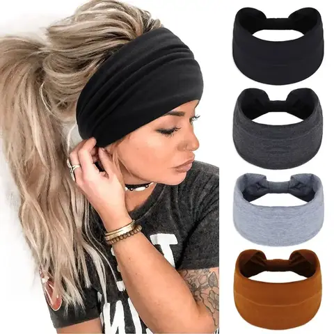 Faixa de cabeça larga para mulheres, elegante, boho, esportiva, yoga, turbante, algodão, antiderrapante, bandana, acessórios para cabelo
