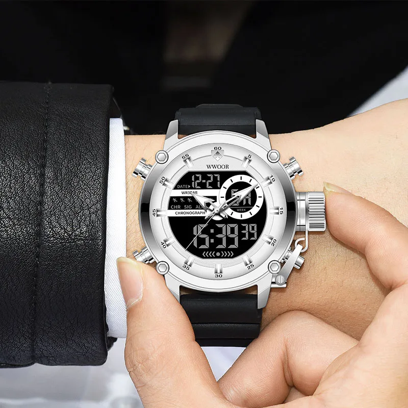 WWOOR – montre de sport numérique pour hommes, à Quartz, étanche, double affichage de la Date, à la mode