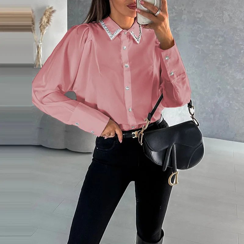 Spring Autumn Fashion Diamond Inlay Shirts For Women Solid Color Long Sleeves Loose Turn-down Collar Buttons Cardigans Blouses
