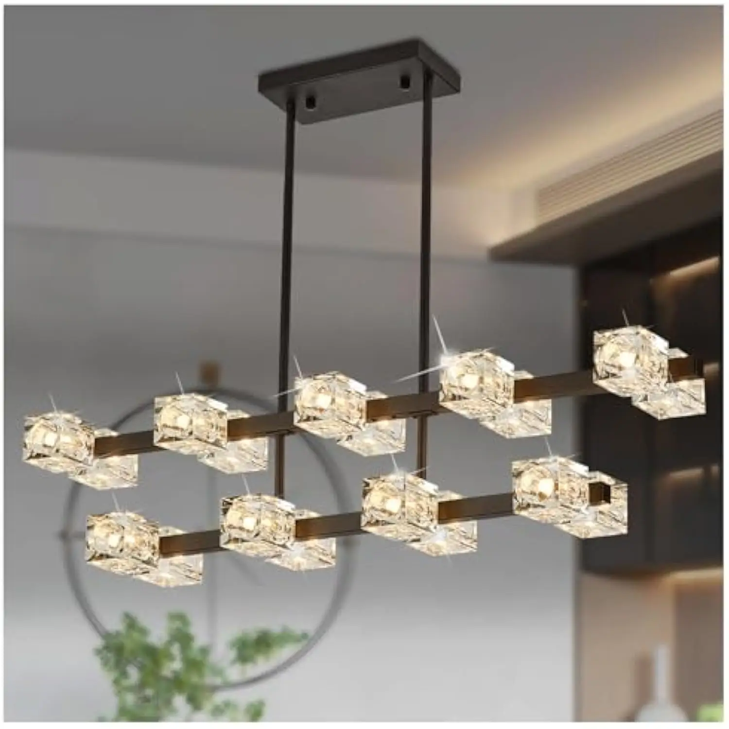 

Double Tier Modern Crystal 18 Head Dining Room Chandelier, Semi Recessed Ceiling Light, Black Metal Crystal Chandelier for Kitc