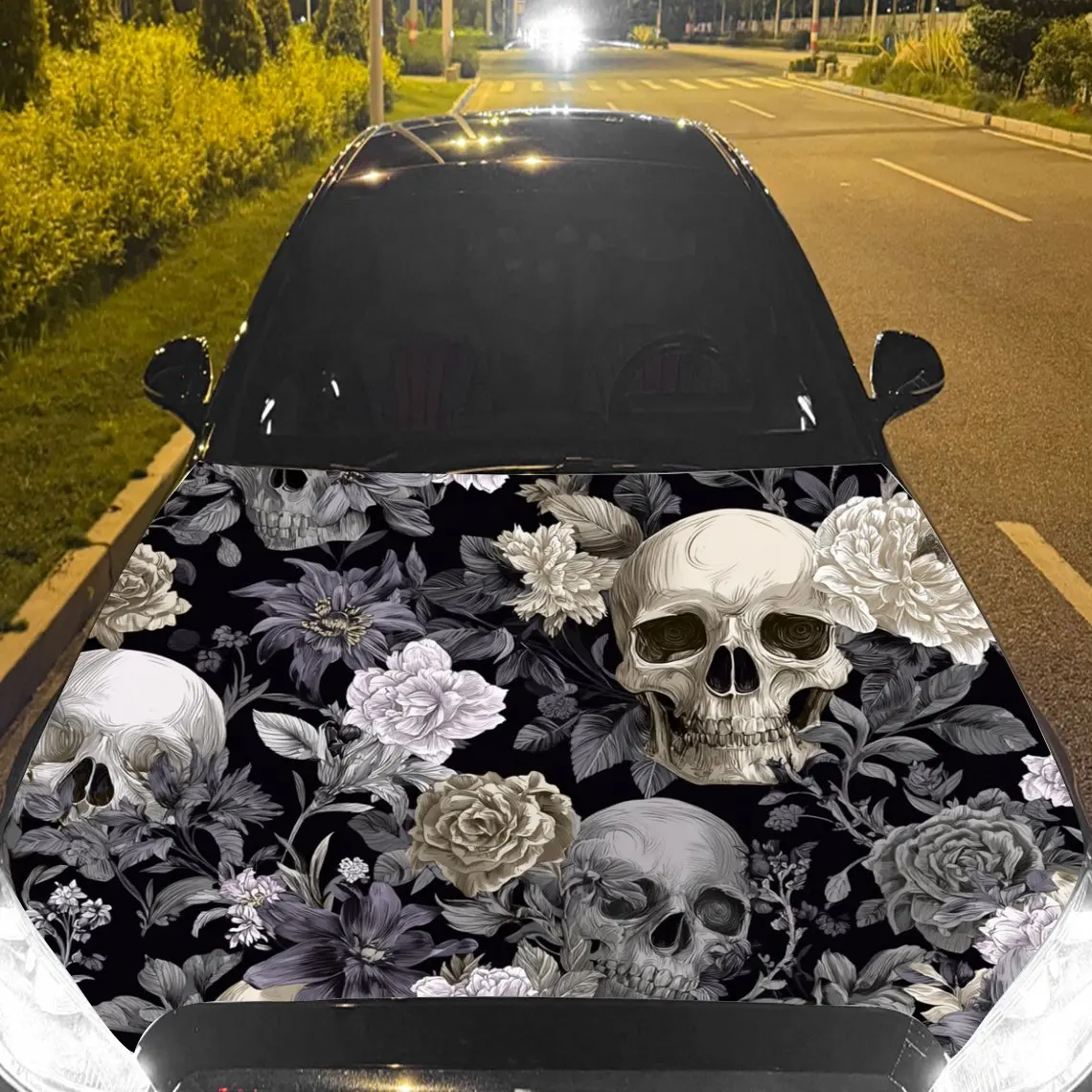 

Realm of Flowers and Skulls Car Vinyl Wrap, PVC Material Waterproof Car Hood Sticker, Self-Adhesive Scratch-Resistant Stickers f