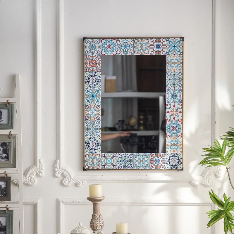 Embossed painted mirror B & B creative bathroom French retro wall-mounted dressing palace style square mirror