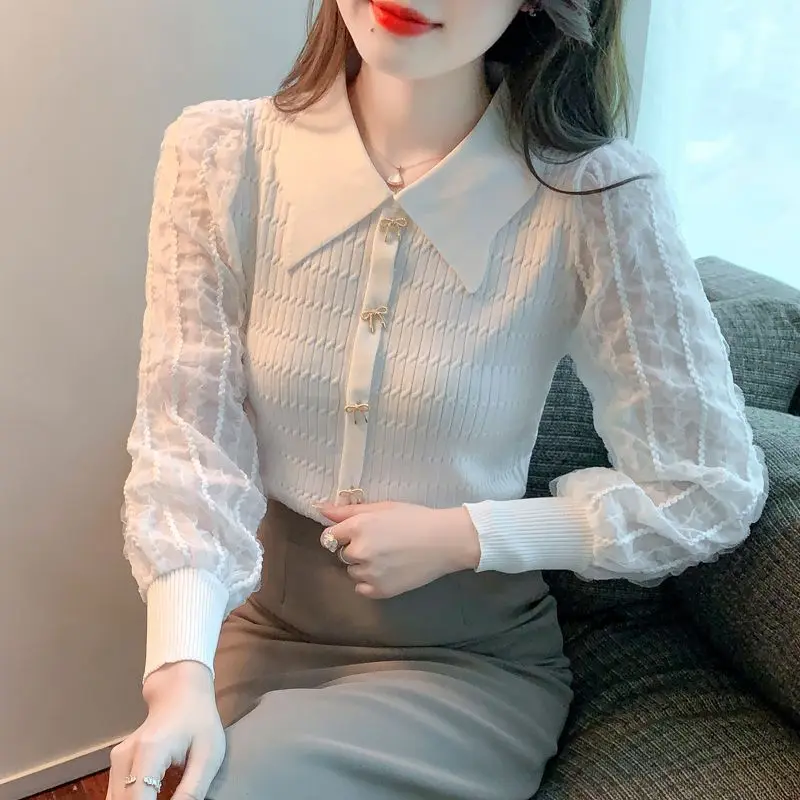 Nuevo Jersey fino ajustado con empalme de manga larga de malla de solapa elegante y hermoso francés